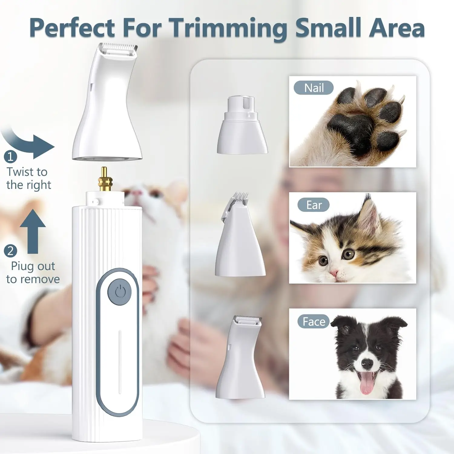 Complete dog grooming kit with low noise clippers, rechargeable paw trimmer, nail grinder and other accessories for trimming thick hair and coats on small and large dogs and cats.