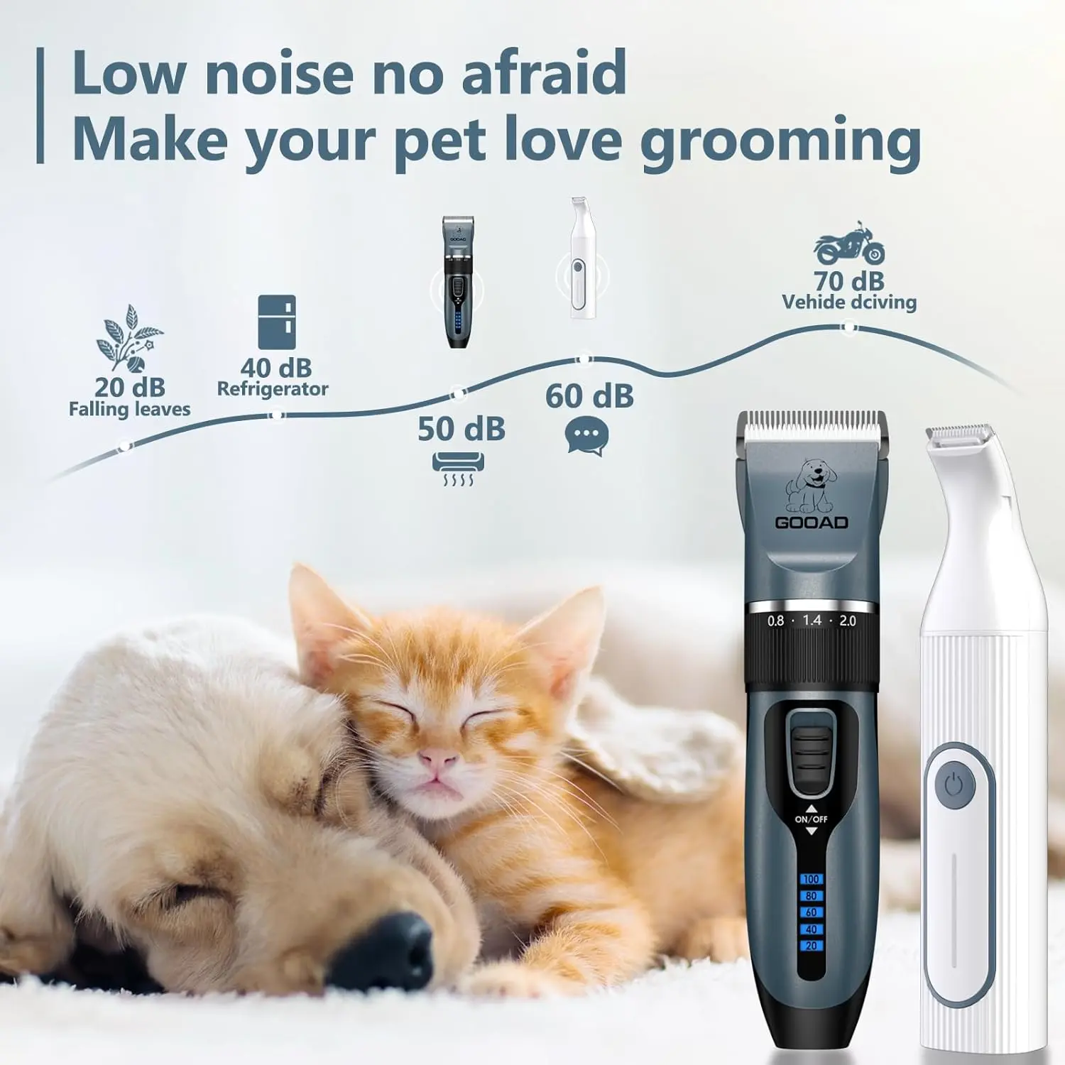 Complete dog grooming kit with low noise clippers, rechargeable paw trimmer, nail grinder and other accessories for trimming thick hair and coats on small and large dogs and cats.