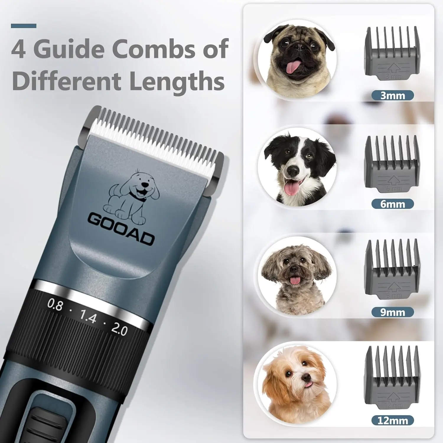 Complete dog grooming kit with low noise clippers, rechargeable paw trimmer, nail grinder and other accessories for trimming thick hair and coats on small and large dogs and cats.