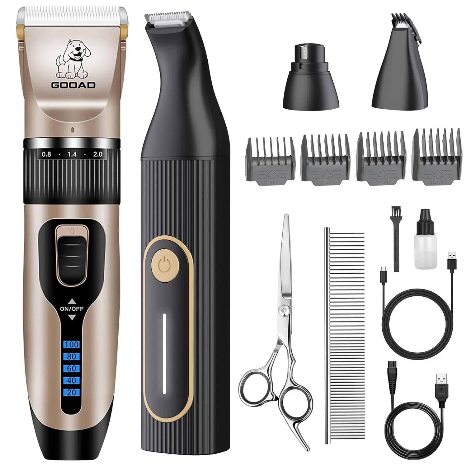 Complete dog grooming kit with low noise clippers, rechargeable paw trimmer, nail grinder and other accessories for trimming thick hair and coats on small and large dogs and cats.