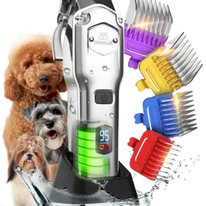 Cordless and rechargeable dog grooming clippers with metal combs for thick hair, featuring low noise and vibration to keep pets calm during grooming.