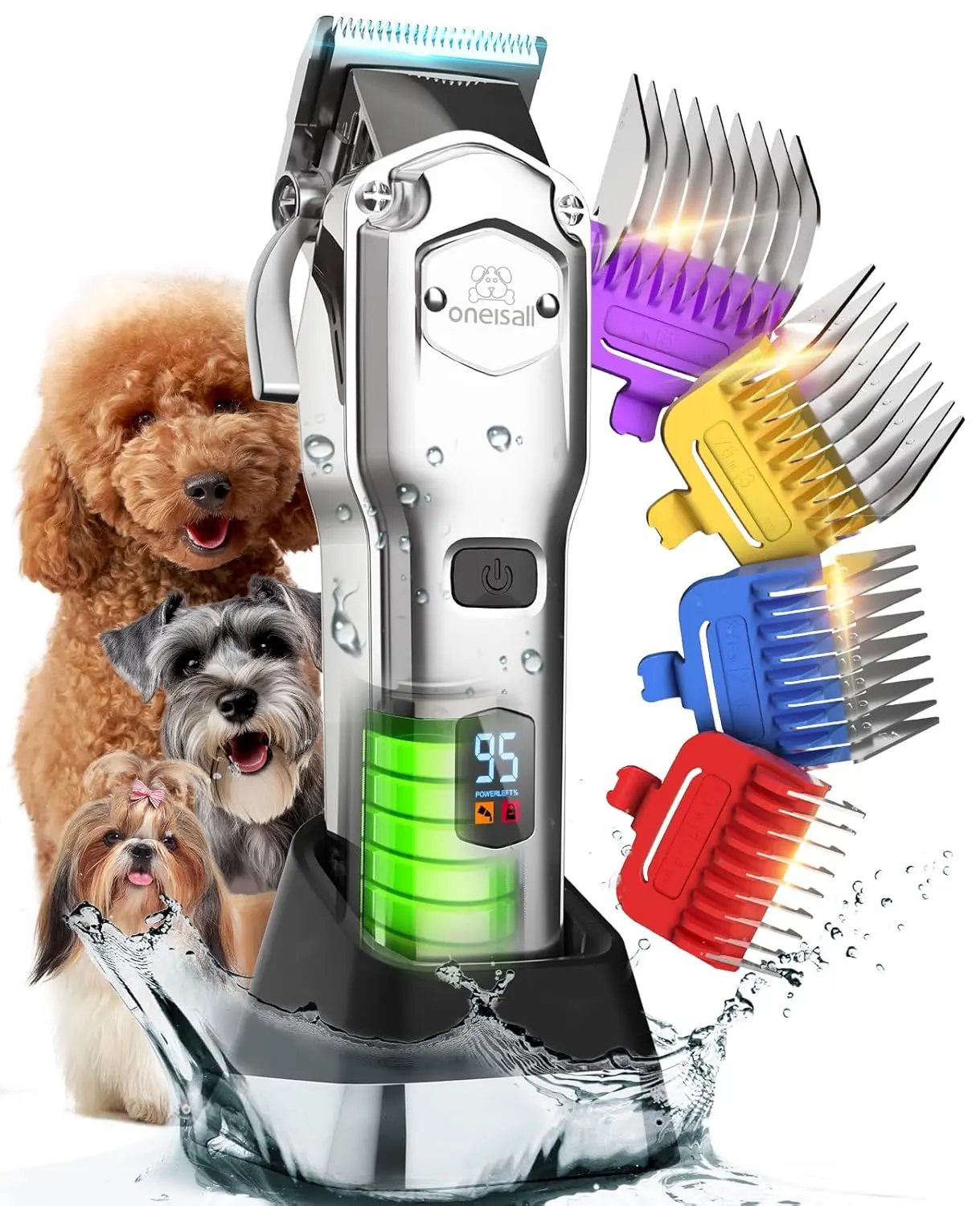 Cordless and rechargeable dog grooming clippers with metal combs for thick hair, featuring low noise and vibration to keep pets calm during grooming.