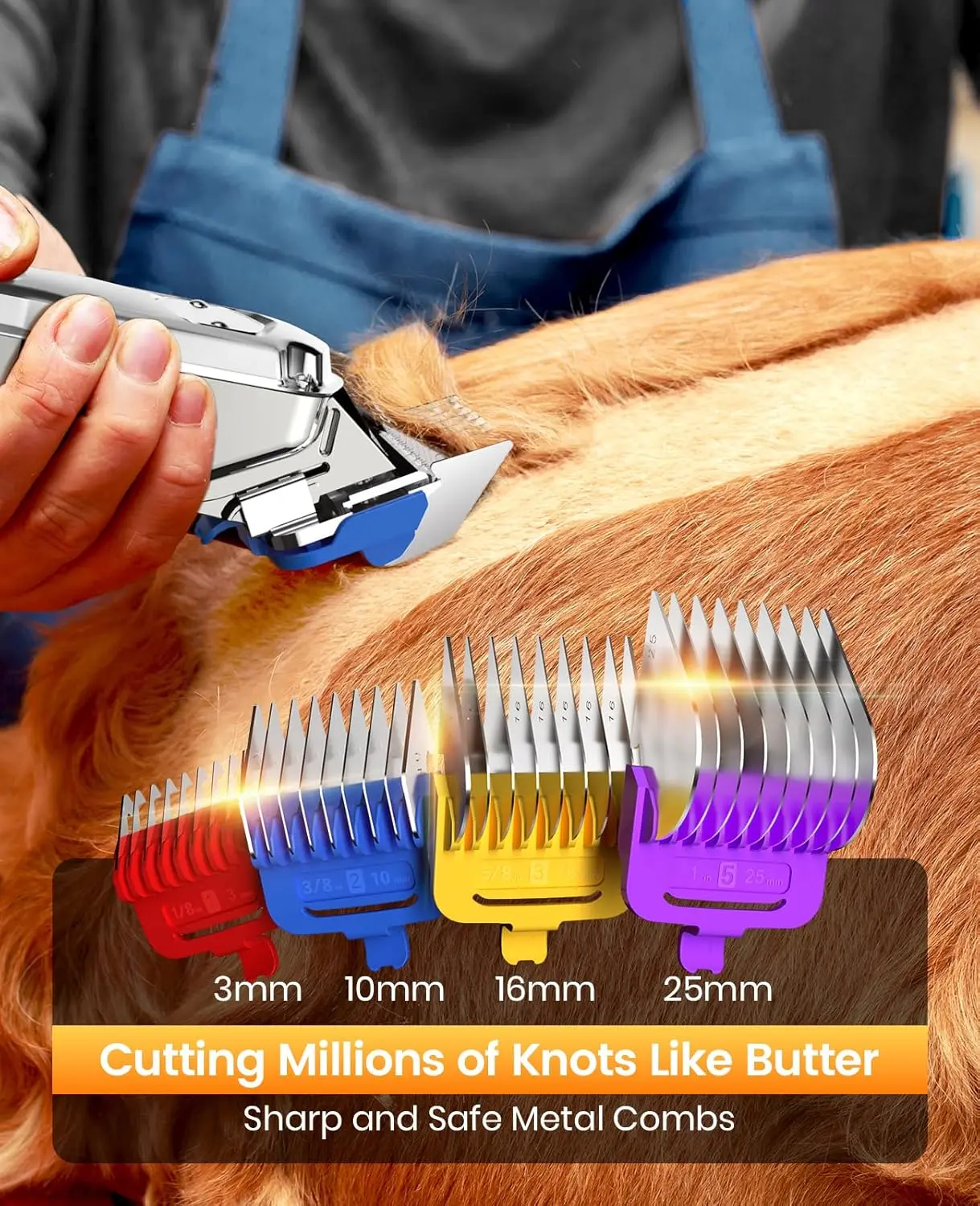 Cordless and rechargeable dog grooming clippers with metal combs for thick hair, featuring low noise and vibration to keep pets calm during grooming.
