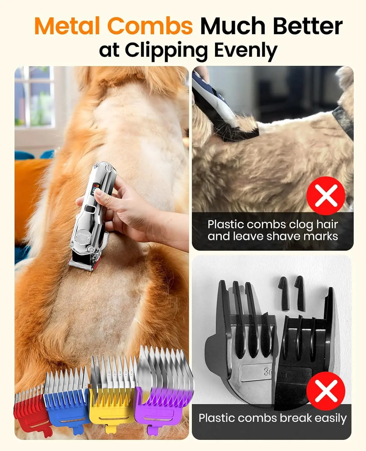 Cordless and rechargeable dog grooming clippers with metal combs for thick hair, featuring low noise and vibration to keep pets calm during grooming.