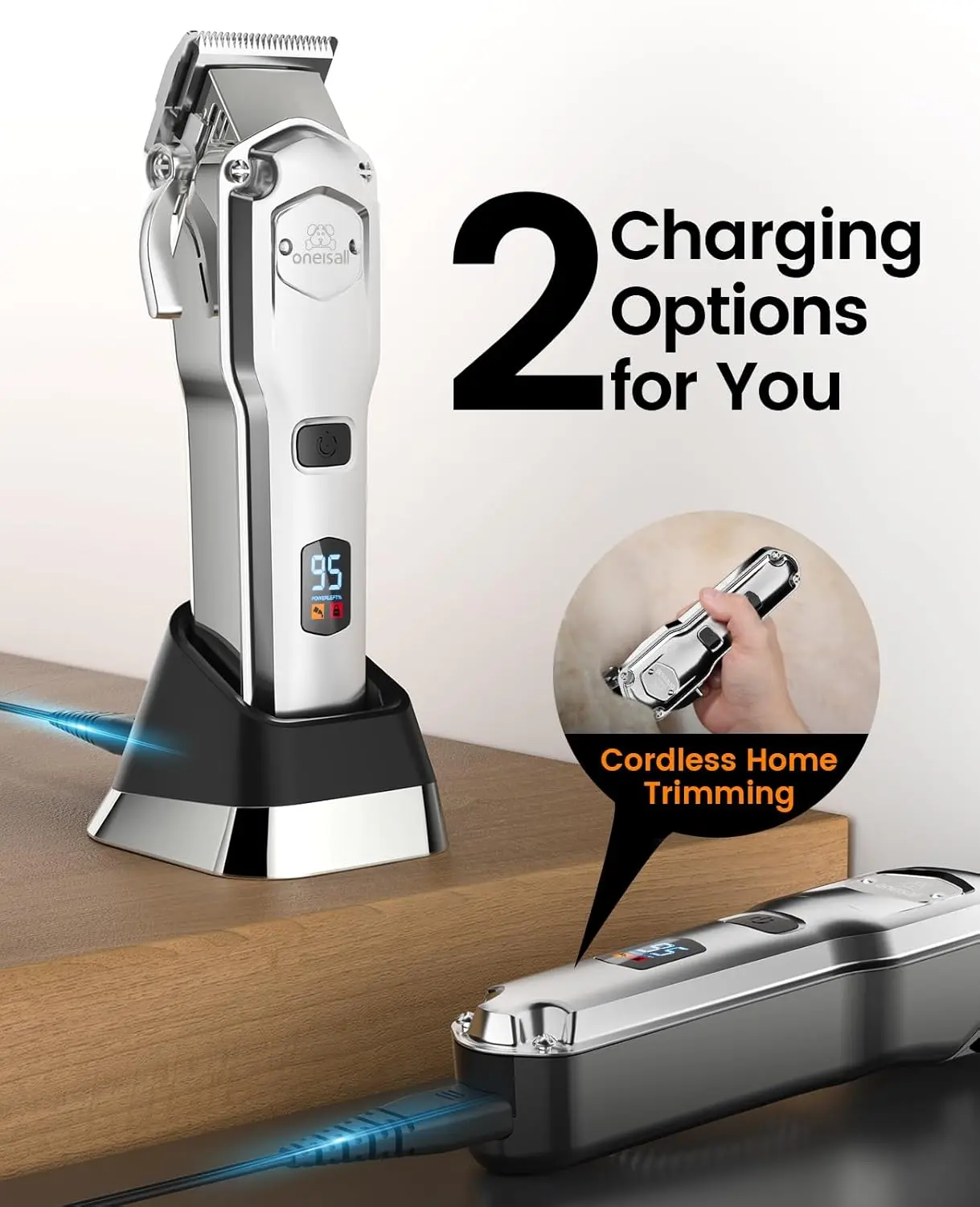 Cordless and rechargeable dog grooming clippers with metal combs for thick hair, featuring low noise and vibration to keep pets calm during grooming.