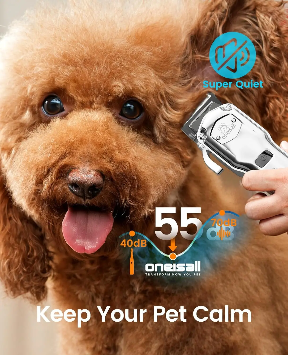 Cordless and rechargeable dog grooming clippers with metal combs for thick hair, featuring low noise and vibration to keep pets calm during grooming.
