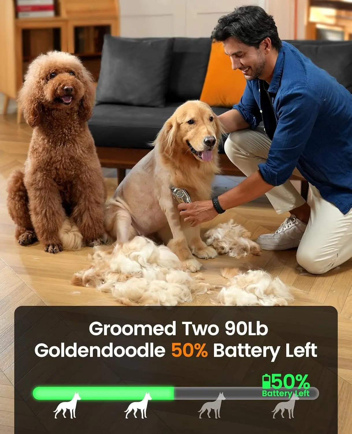 Cordless and rechargeable dog grooming clippers with metal combs for thick hair, featuring low noise and vibration to keep pets calm during grooming.