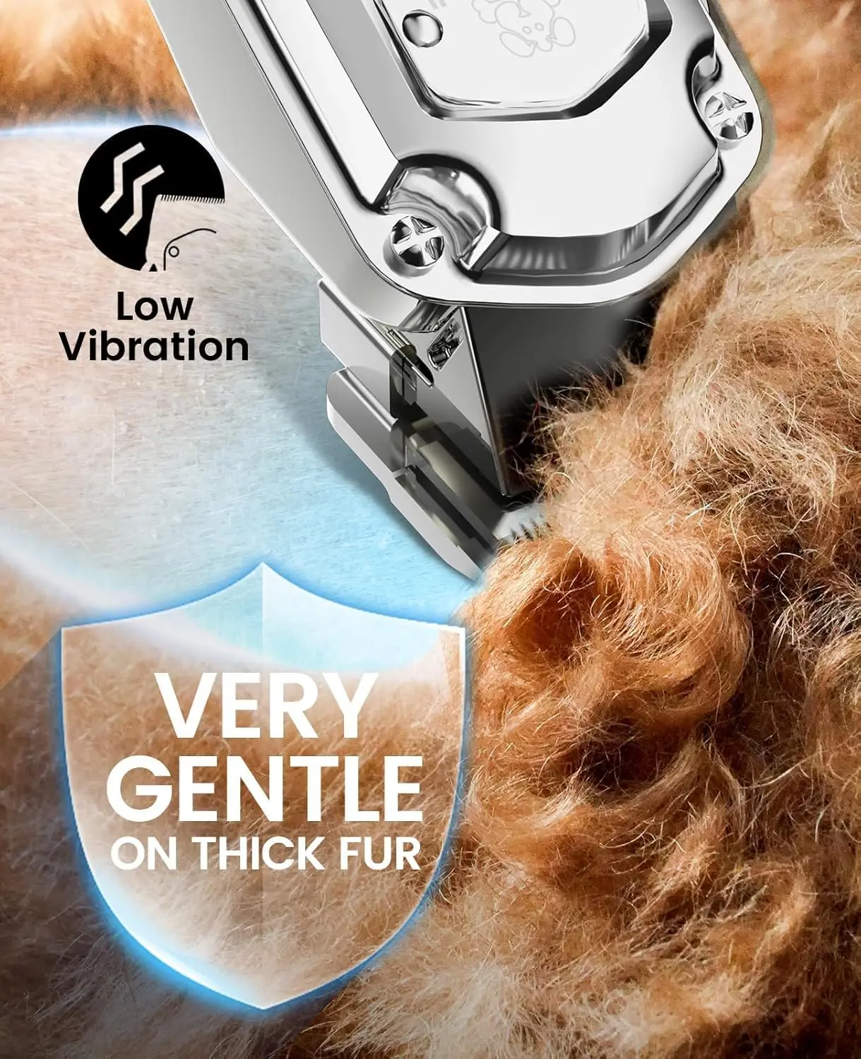 Cordless and rechargeable dog grooming clippers with metal combs for thick hair, featuring low noise and vibration to keep pets calm during grooming.