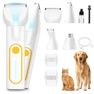 This 4-in-1 white dog grooming kit features a low-noise electric clipper, paw trimmer, nail trimmer, and nail grinder for small and medium-sized pets, providing a comfortable grooming experience.