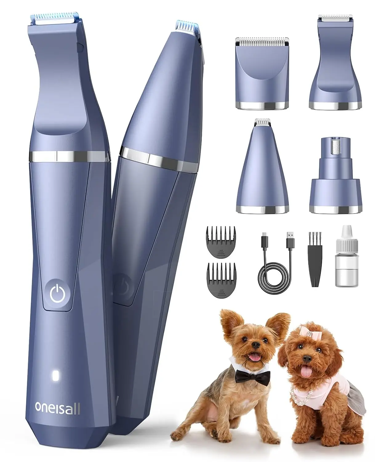 This 4 in 1 dog grooming kit includes clippers, a paw trimmer, and a nail grinder for easily grooming small dogs and cats at home.
