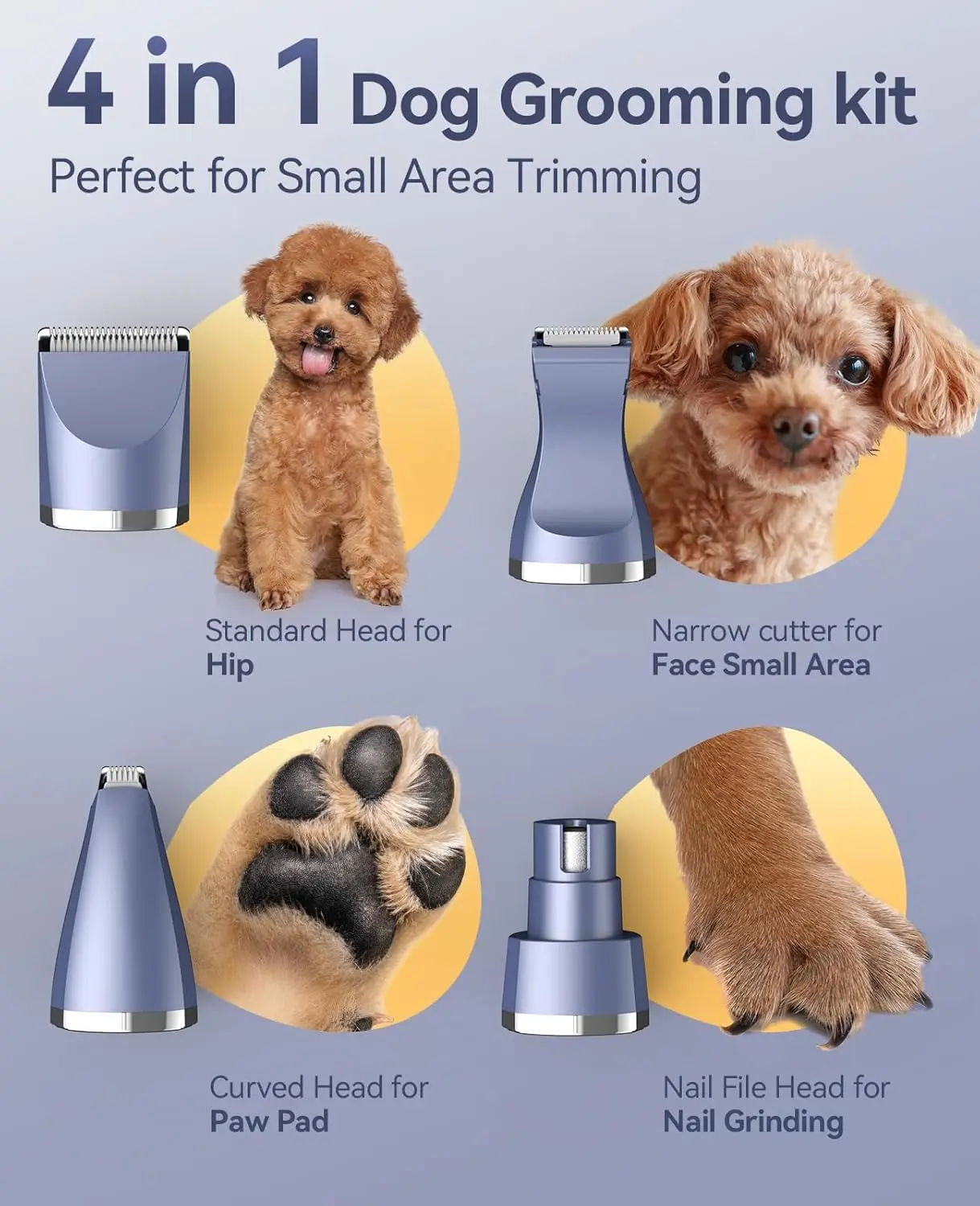 This 4 in 1 dog grooming kit includes clippers, a paw trimmer, and a nail grinder for easily grooming small dogs and cats at home.