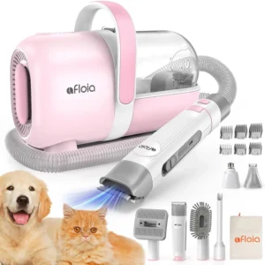 Afloia pink dog grooming kit with vacuum function, clipper, nail trimmer and grinder for easy and quiet pet hair removal at home.