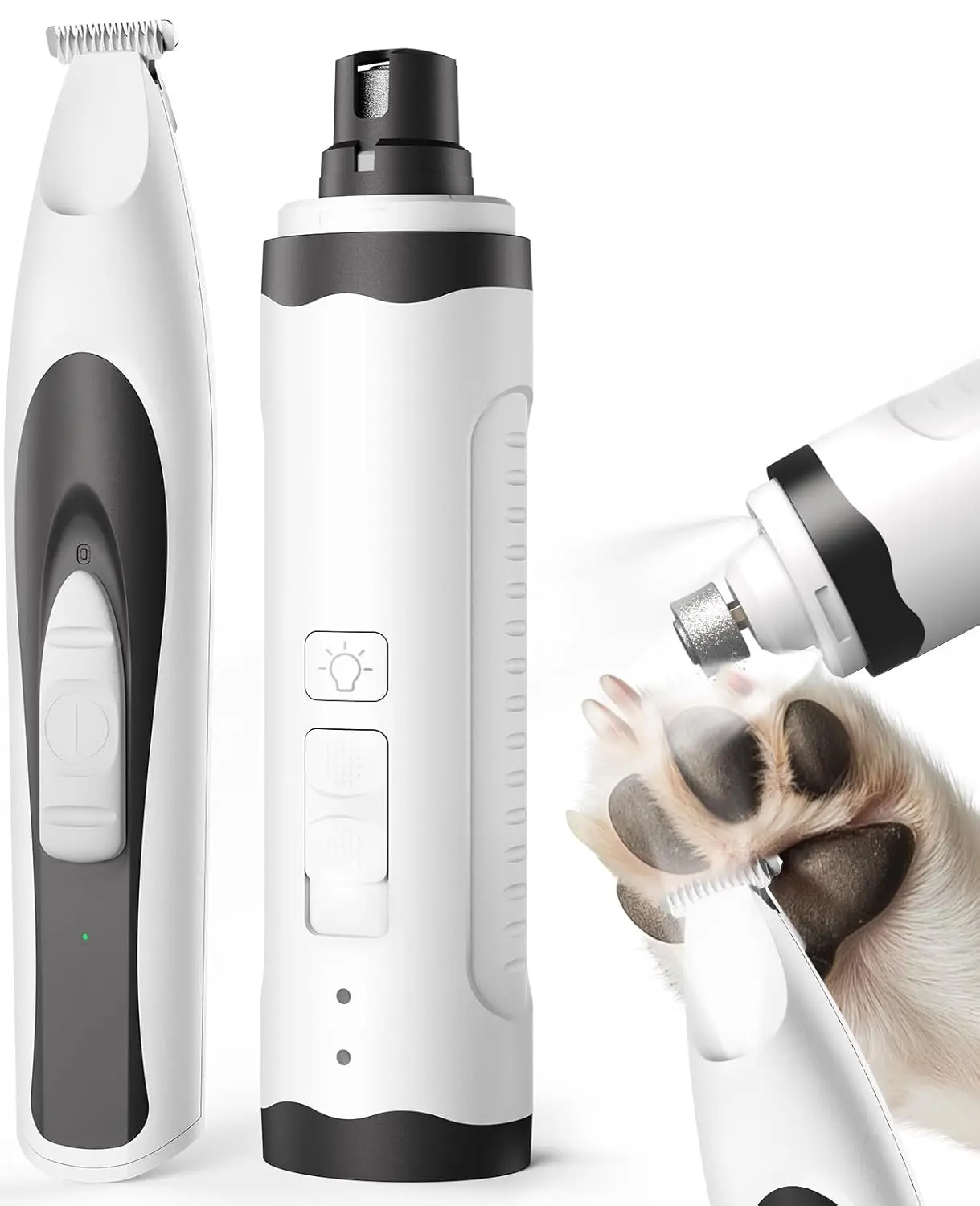 The 2-in-1 dog paw trimmer and nail grinder features LED lights for safe and quiet pet grooming.