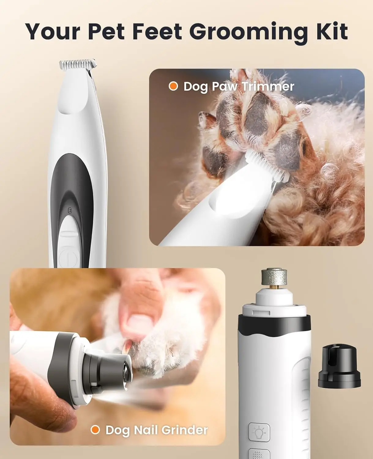The 2-in-1 dog paw trimmer and nail grinder features LED lights for safe and quiet pet grooming.