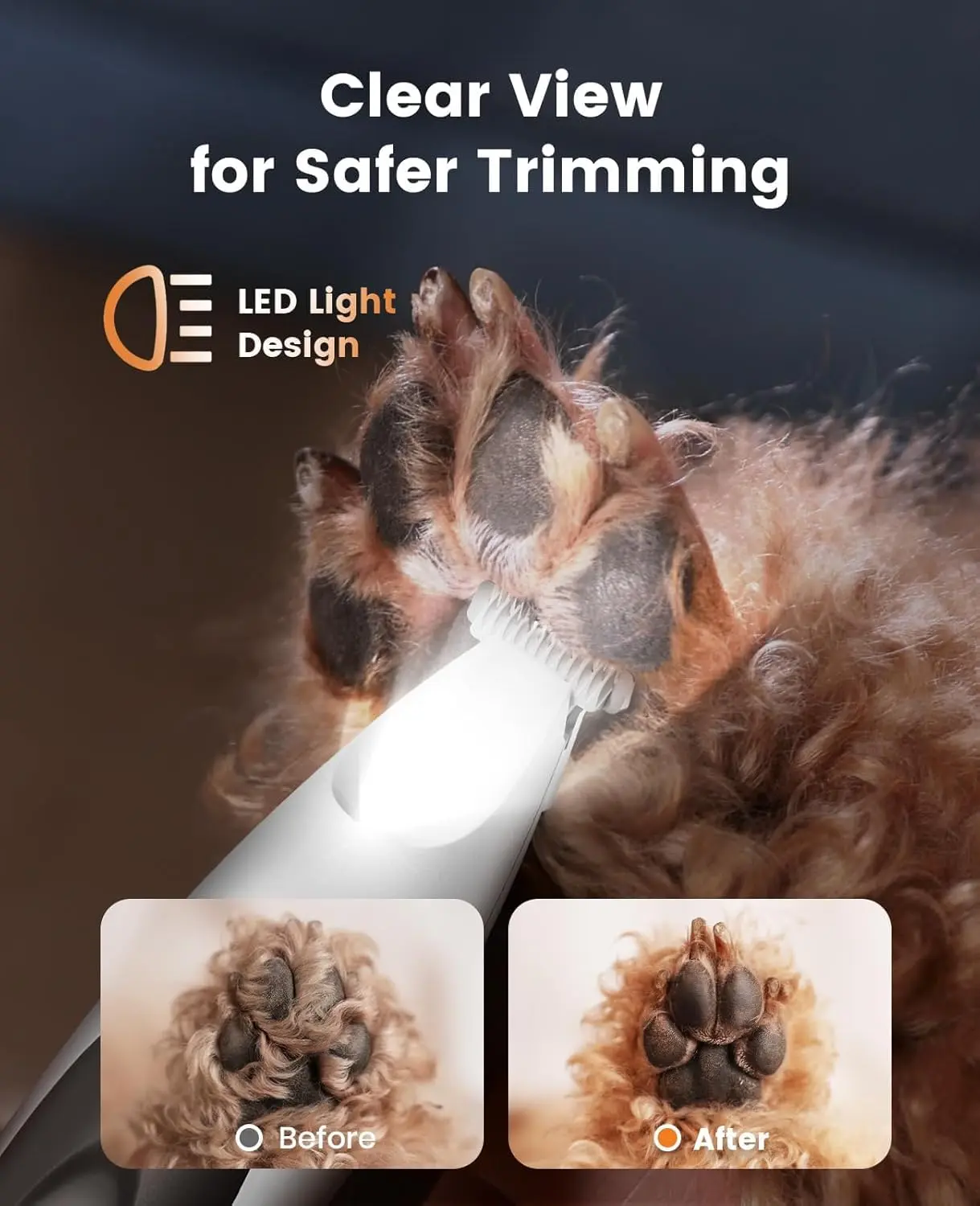 The 2-in-1 dog paw trimmer and nail grinder features LED lights for safe and quiet pet grooming.