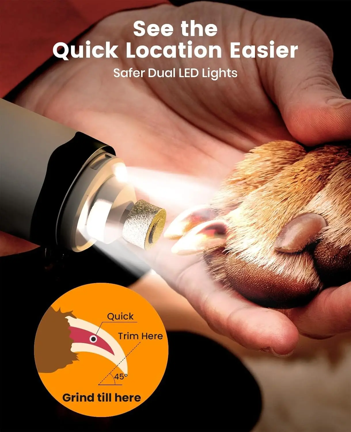 The 2-in-1 dog paw trimmer and nail grinder features LED lights for safe and quiet pet grooming.
