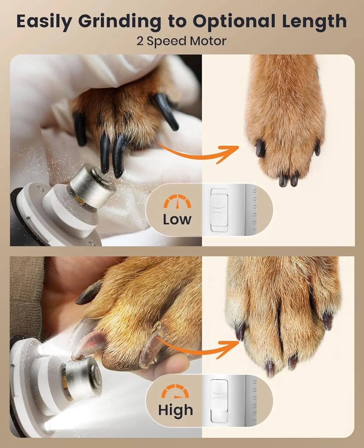 The 2-in-1 dog paw trimmer and nail grinder features LED lights for safe and quiet pet grooming.