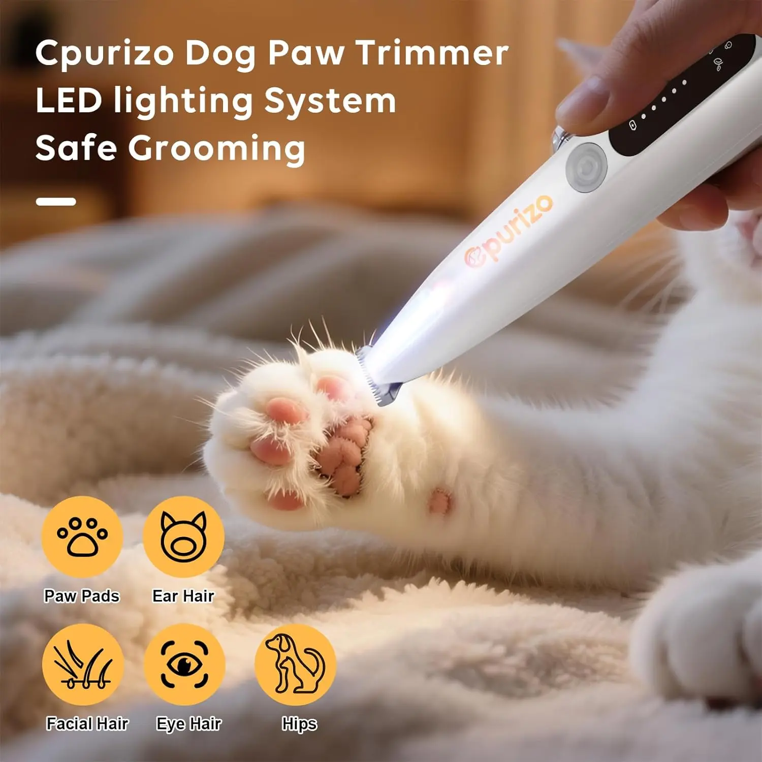 The Cpurizo dog paw trimmer features an LED light for safe grooming and is rechargeable for cordless use.