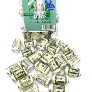 Twenty-four rolls of $100 Dollar Money Mints, spearmint flavored with seven mints per roll, are perfect for parties.