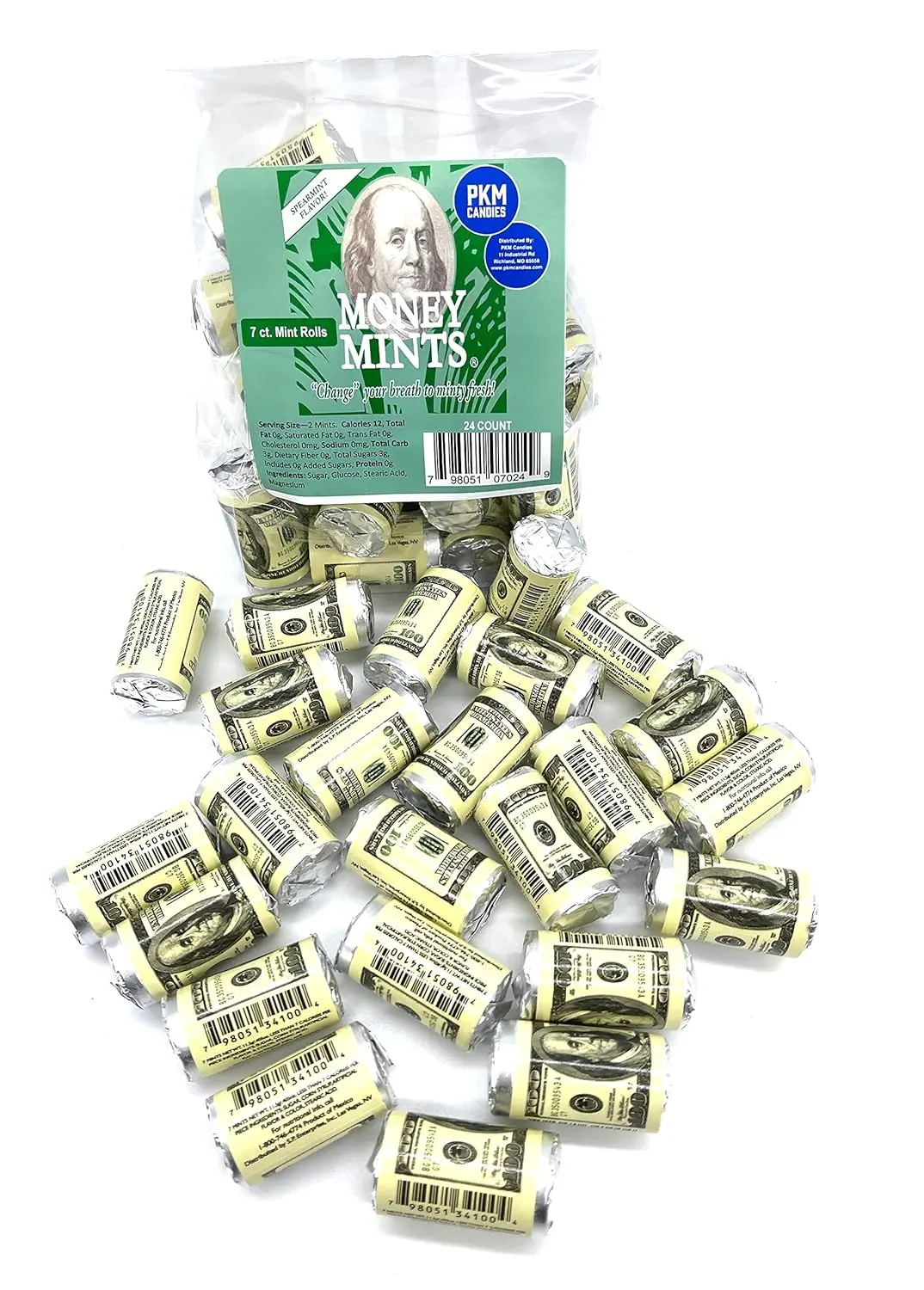 Twenty-four rolls of $100 Dollar Money Mints, spearmint flavored with seven mints per roll, are perfect for parties.
