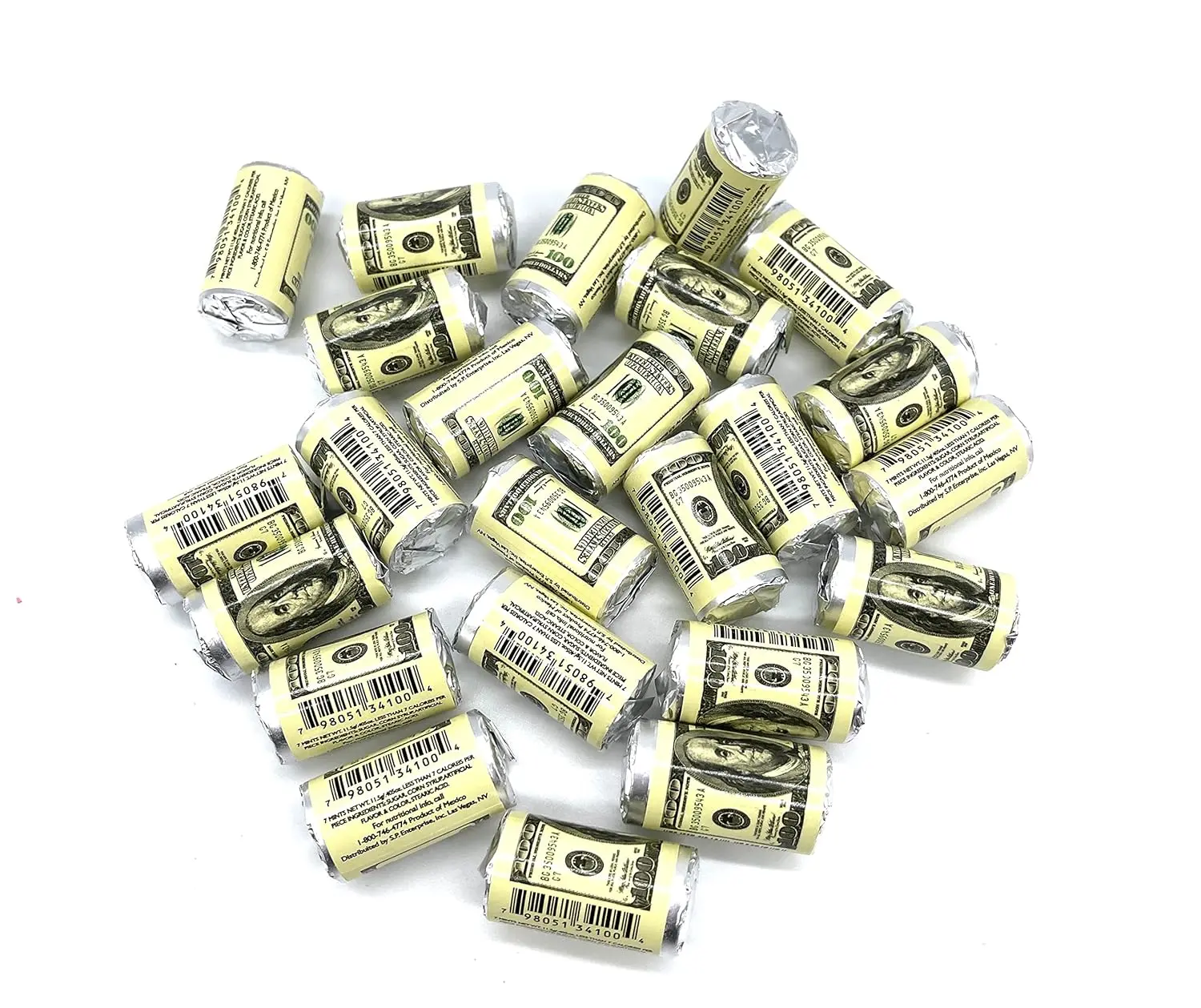 Twenty-four rolls of $100 Dollar Money Mints, spearmint flavored with seven mints per roll, are perfect for parties.