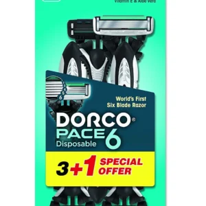 This image shows a pack of Dorco Pace 6 disposable razors for men, featuring six blades, a pivoting head, and an ergonomic handle for a comfortable shave.