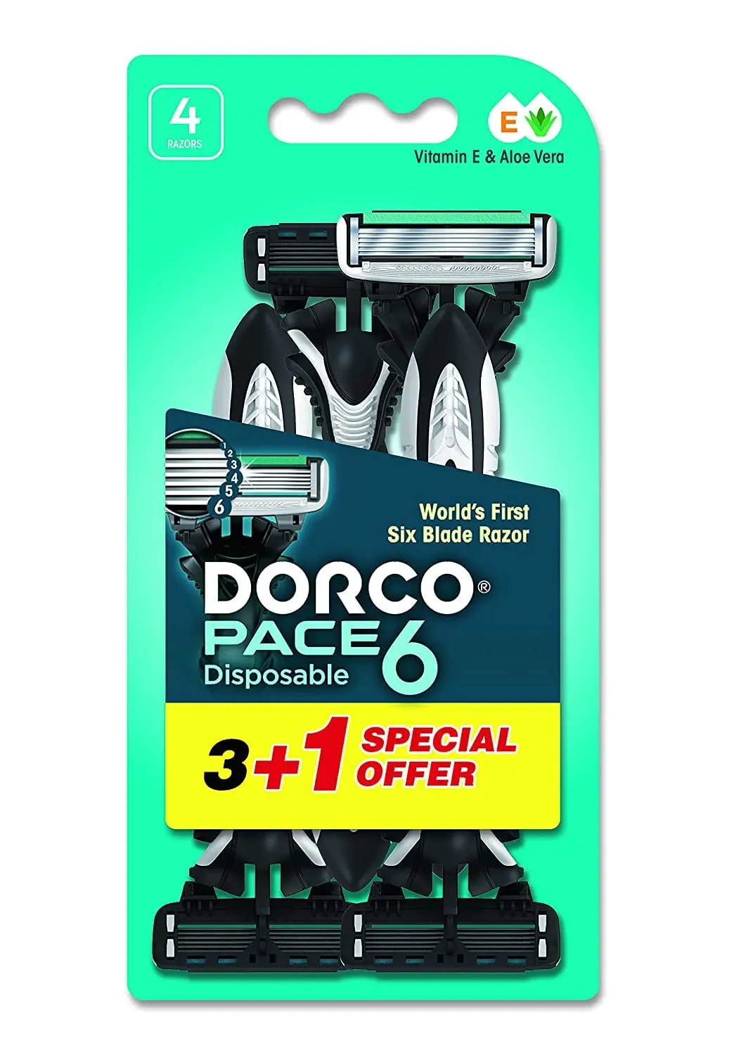 This image shows a pack of Dorco Pace 6 disposable razors for men, featuring six blades, a pivoting head, and an ergonomic handle for a comfortable shave.