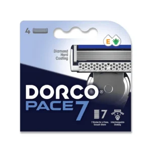Four Dorco Pace 7 razor blade refills featuring 7 precision aligned blades, a lubricating strip with Aloe Vera and Vitamin E, and an open flow design for a smooth, comfortable shave.