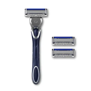 The Dorco Pace 7 men's razor features seven precision-aligned blades, a front-hinged swing system, lubricating strip with aloe and vitamin E, and an ergonomic handle for a comfortable and smooth shave.