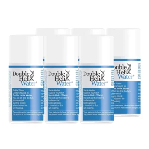 Six bottles of Double Helix Water, each containing 15ml with 80 servings of 3 drops, made in polypropylene plastic containers.