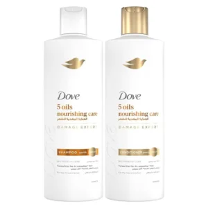 Dove 5 Oils Nourishing Care shampoo and conditioner set, infused with essential oils and bio-protein care technology, taming frizz for smoother, revitalized hair.
