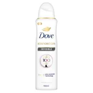 Dove Advanced Care Invisible antiperspirant deodorant spray protects from odor and sweat for 72 hours while being gentle on skin and leaving no white marks.