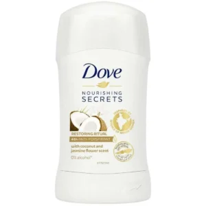 Dove Nourishing Secrets Restoring Ritual antiperspirant deodorant stick with coconut and jasmine scent provides 48-hour odour and wetness protection while moisturizing underarm skin.