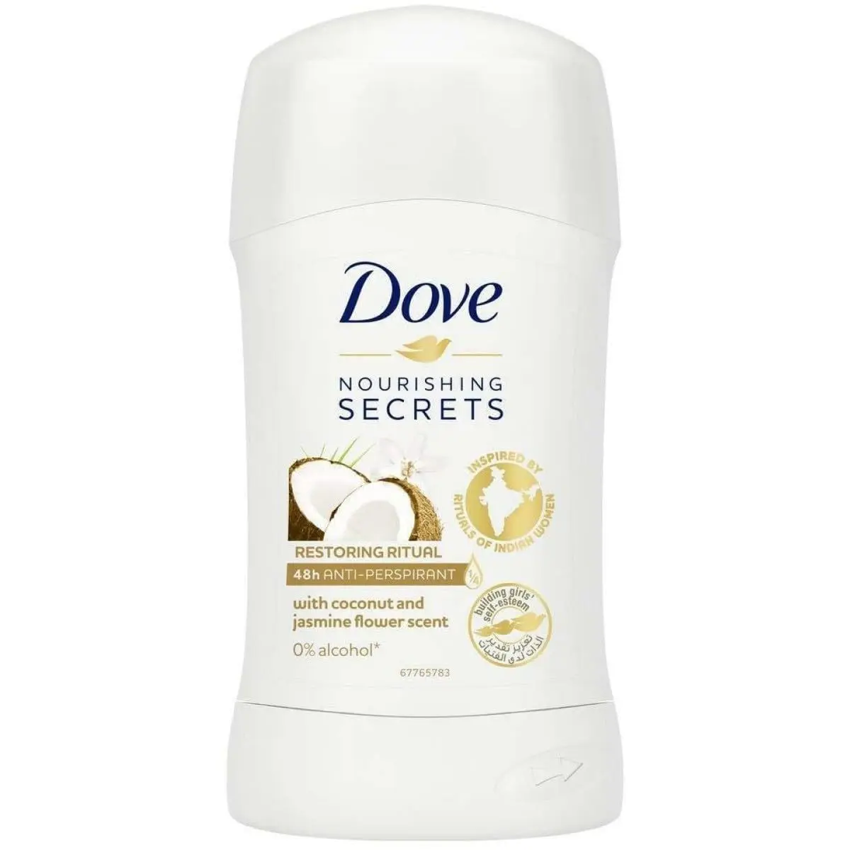 Dove Nourishing Secrets Restoring Ritual antiperspirant deodorant stick with coconut and jasmine scent provides 48-hour odour and wetness protection while moisturizing underarm skin.
