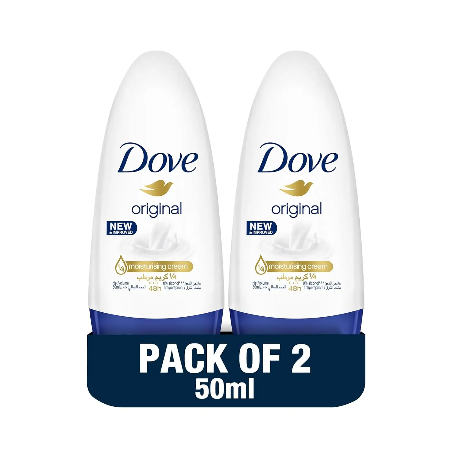 This image shows a pack of two Dove Antiperspirant Deodorant Roll-Ons, offering 48-hour protection against odor and wetness with a caring, alcohol-free formula for soft, smooth underarms.