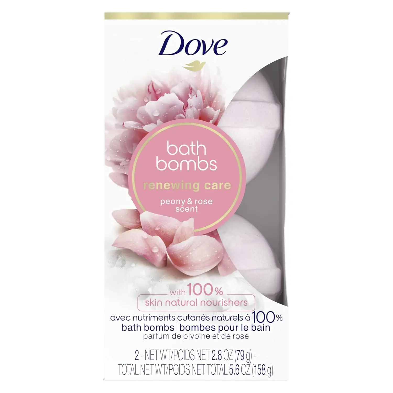 This image shows two Dove Nourishing Secrets bath bombs with peony and rose scent, designed to create a relaxing and fragrant bath experience.