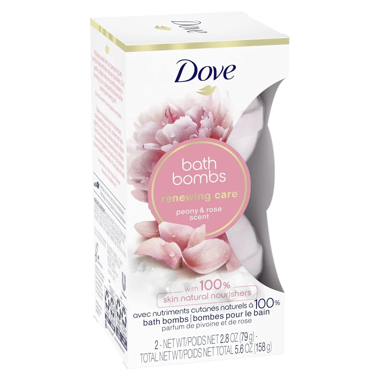 This image shows two Dove Nourishing Secrets bath bombs with peony and rose scent, designed to create a relaxing and fragrant bath experience.