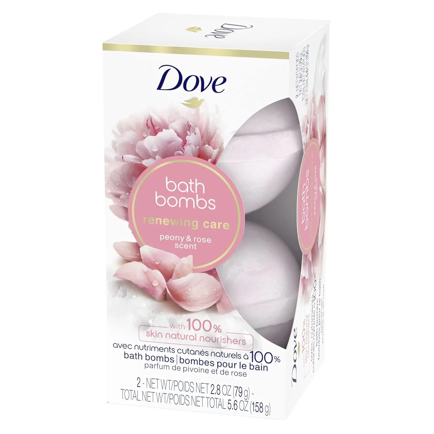 This image shows two Dove Nourishing Secrets bath bombs with peony and rose scent, designed to create a relaxing and fragrant bath experience.