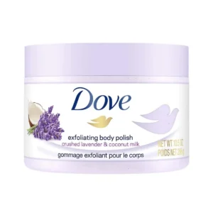 This is a jar of Dove Exfoliating Body Polish in Crushed Lavender and Coconut Milk scent, a sulfate-free body scrub that buffs away dry skin and nourishes with natural nutrients.