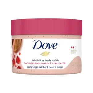 This is a jar of Dove Body Polish Exfoliating Scrub with moisturizing shea butter and pomegranate seeds, designed to nourish and condition skin for a soft feel.