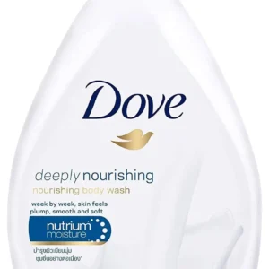 Large 33.8oz pump bottle of Dove Deeply Nourishing Body Wash for soft, smooth, moisturized skin, gentle enough for daily family use.