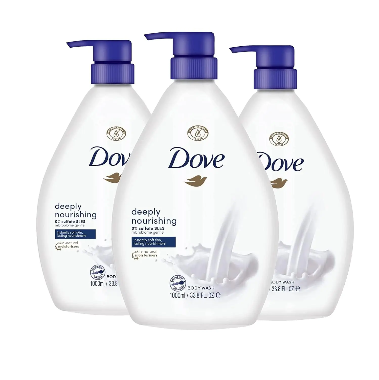 This pack of three 1000ml Dove body washes with integrated pumps is dermatologically tested and deeply nourishes skin with its ultra-gentle, 1/4 moisturising formula.