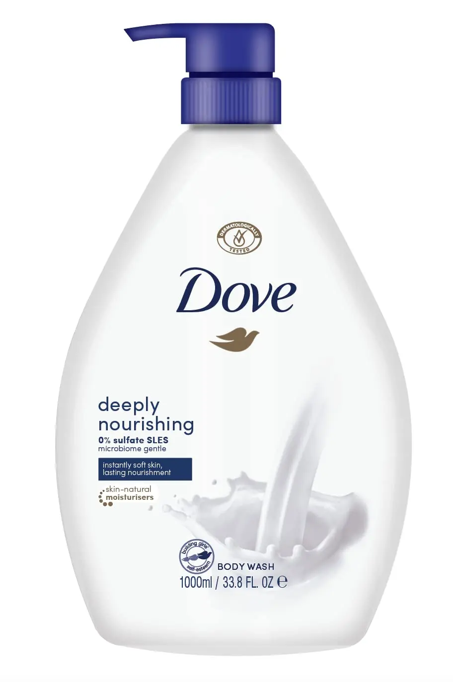 This pack of three 1000ml Dove body washes with integrated pumps is dermatologically tested and deeply nourishes skin with its ultra-gentle, 1/4 moisturising formula.