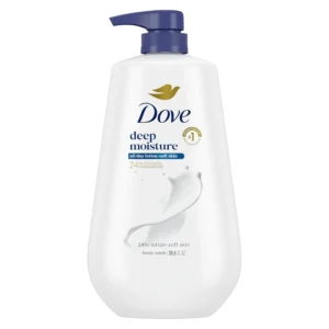 Bottle of Dove Deep Moisture Body Wash, a sulfate and paraben free cleanser designed to transform dry skin into lotion-soft skin while nourishing the skin's microbiome.