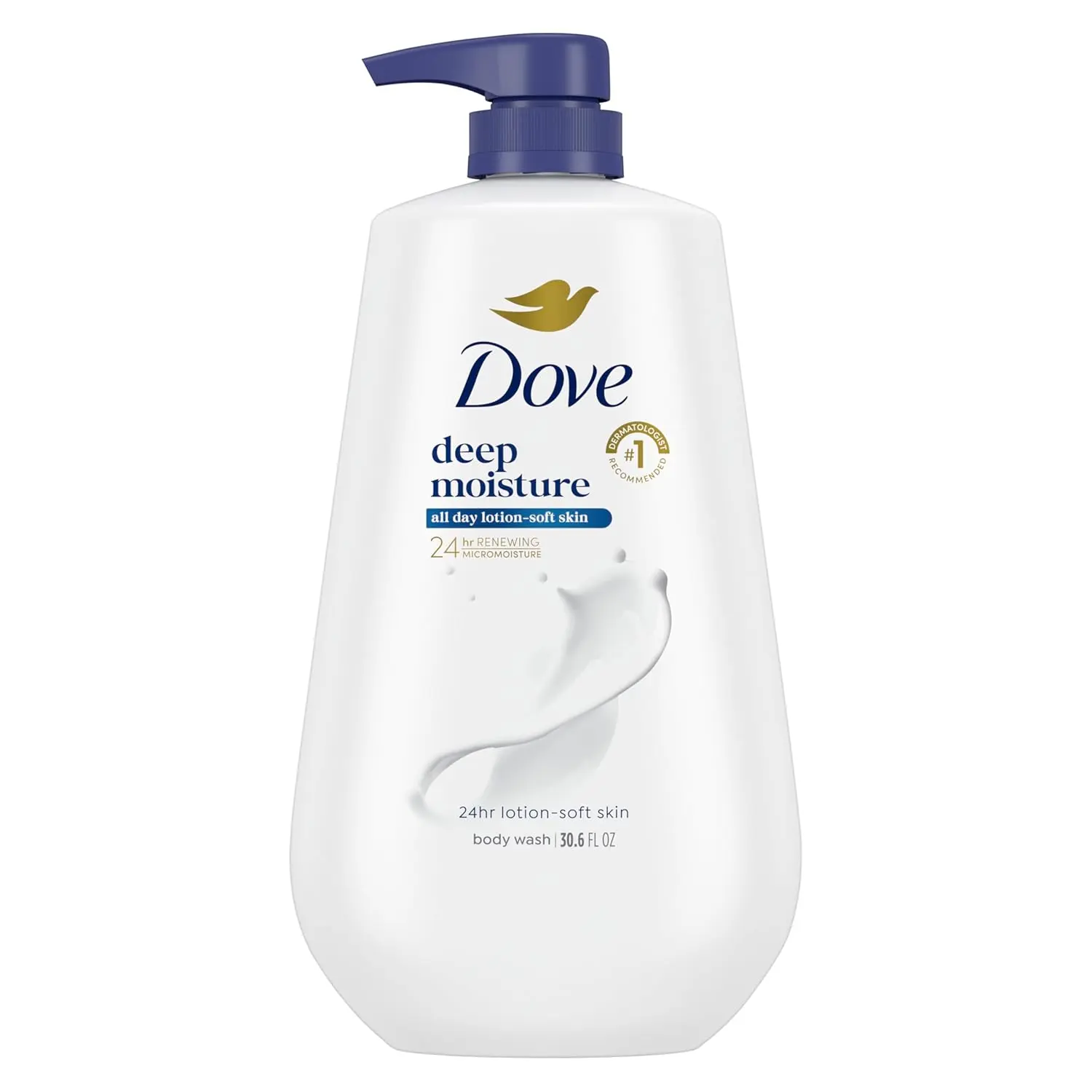 Bottle of Dove Deep Moisture Body Wash, a sulfate and paraben free cleanser designed to transform dry skin into lotion-soft skin while nourishing the skin's microbiome.