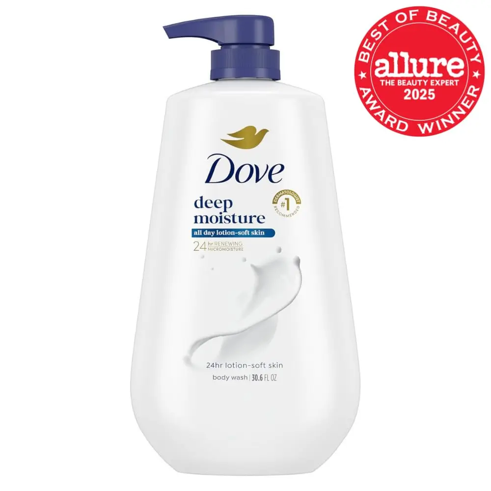 Bottle of Dove Deep Moisture Body Wash, a sulfate and paraben free cleanser designed to transform dry skin into lotion-soft skin while nourishing the skin's microbiome.
