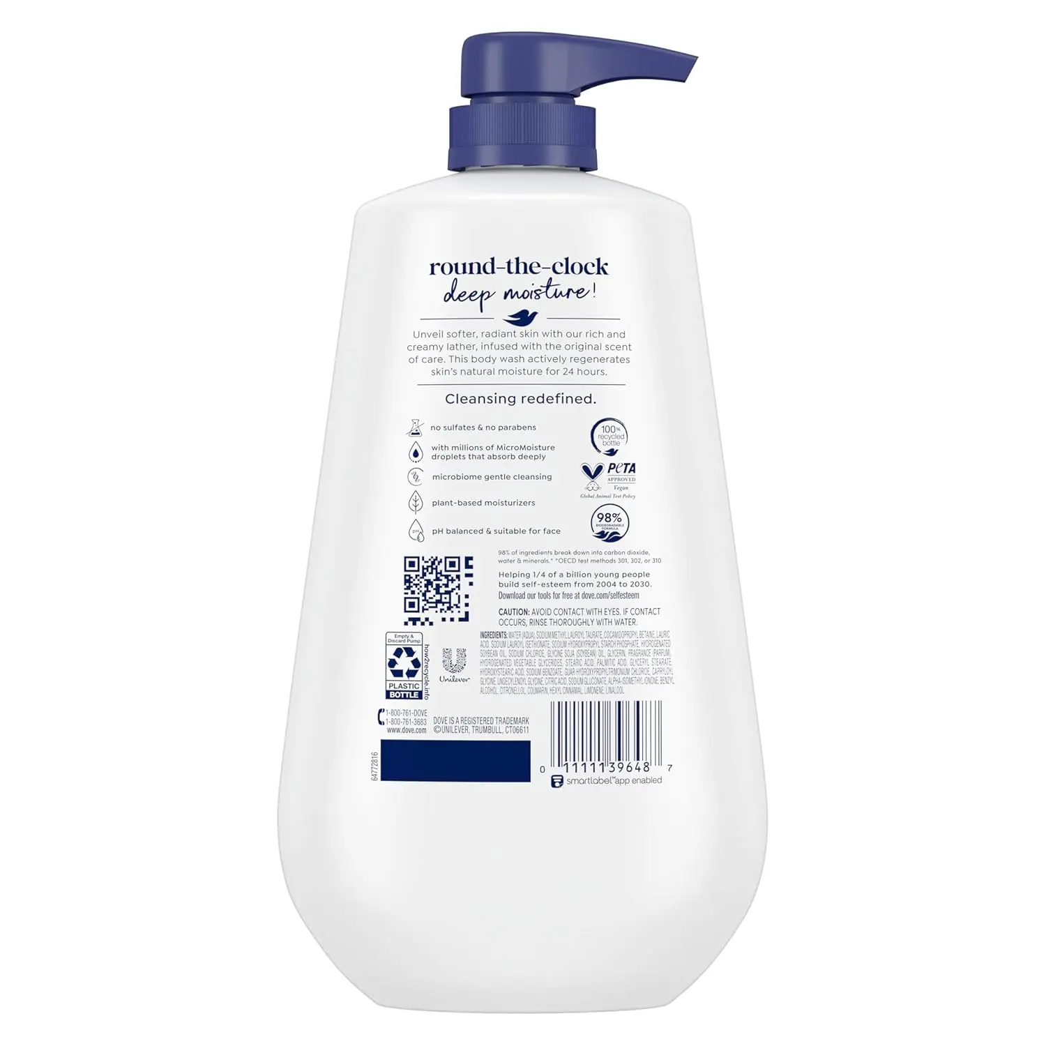 Bottle of Dove Deep Moisture Body Wash, a sulfate and paraben free cleanser designed to transform dry skin into lotion-soft skin while nourishing the skin's microbiome.
