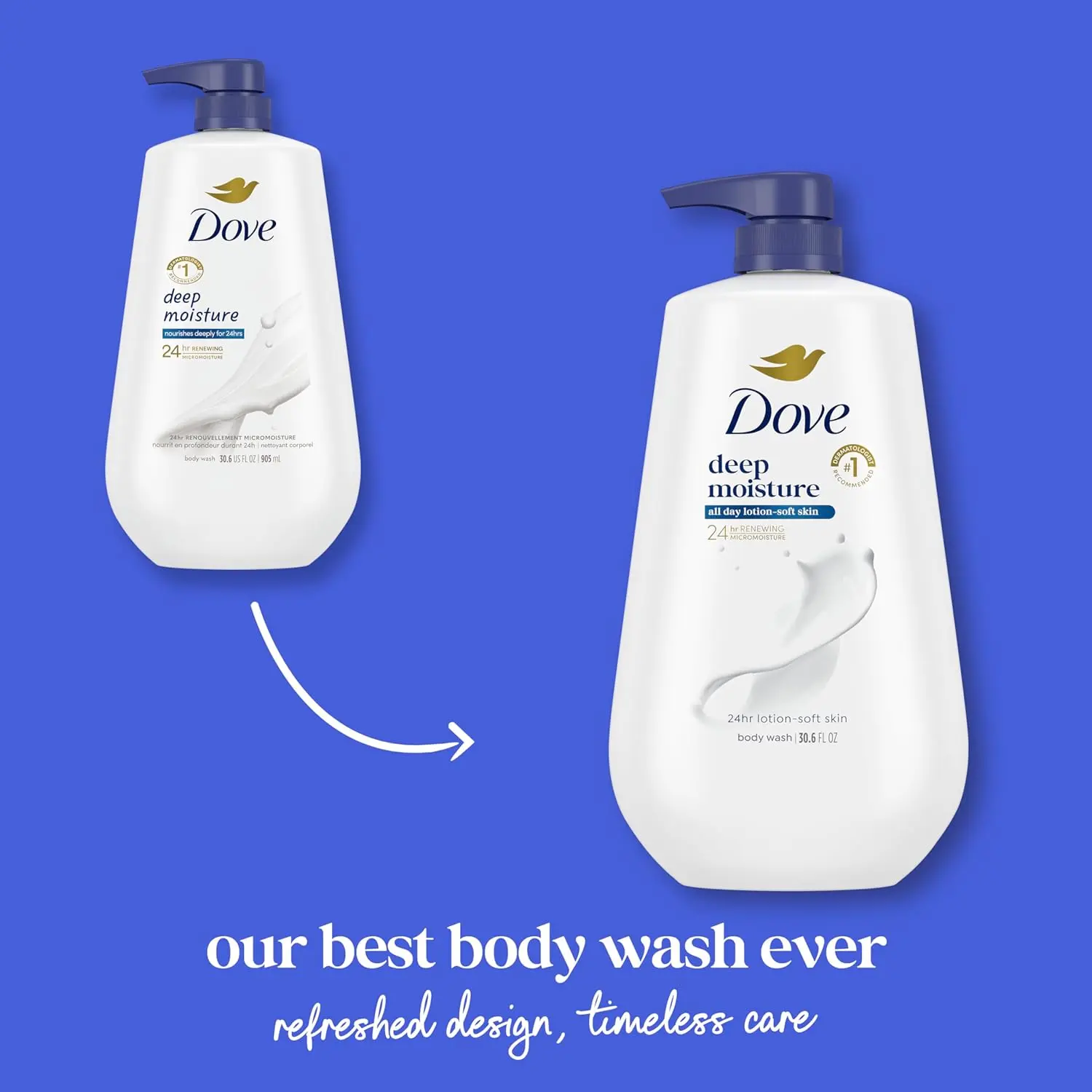 Bottle of Dove Deep Moisture Body Wash, a sulfate and paraben free cleanser designed to transform dry skin into lotion-soft skin while nourishing the skin's microbiome.