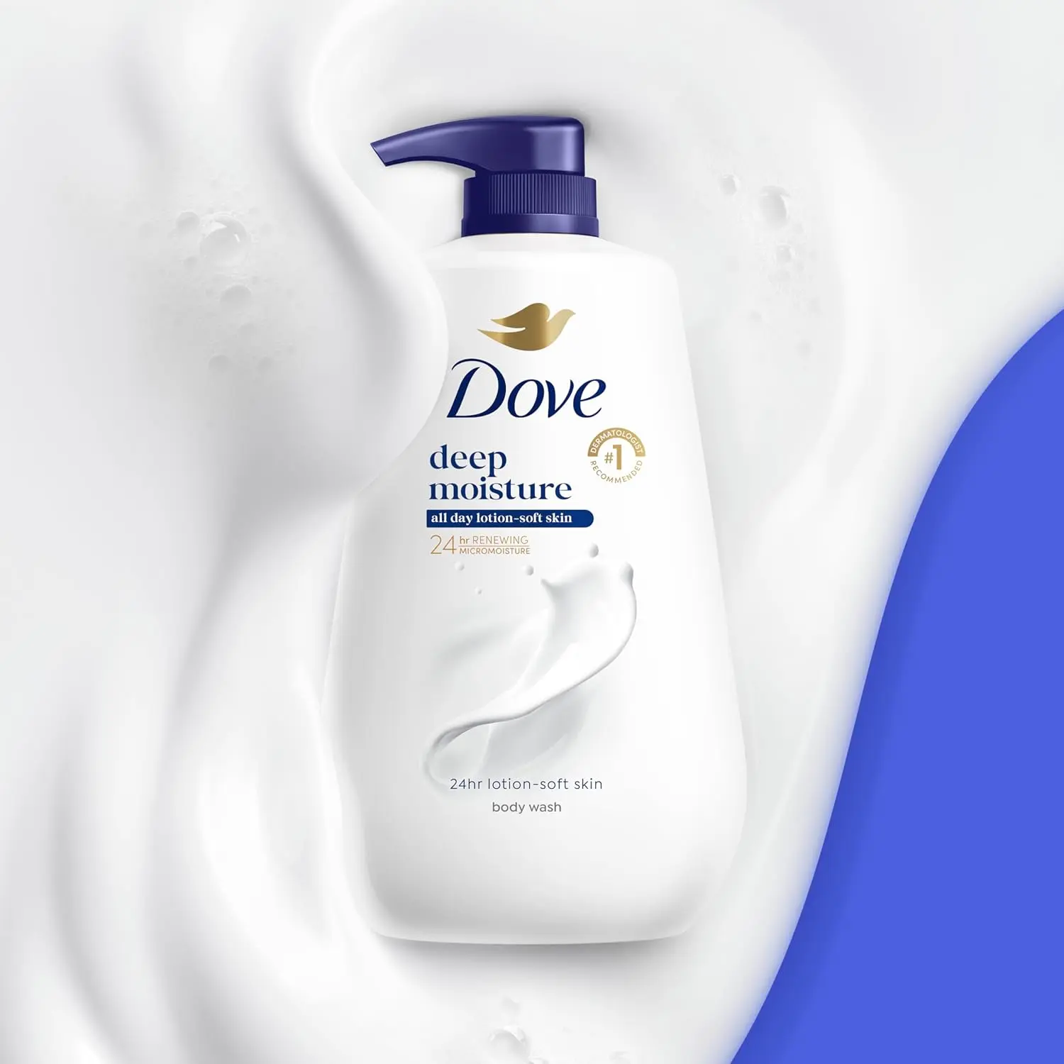 Bottle of Dove Deep Moisture Body Wash, a sulfate and paraben free cleanser designed to transform dry skin into lotion-soft skin while nourishing the skin's microbiome.