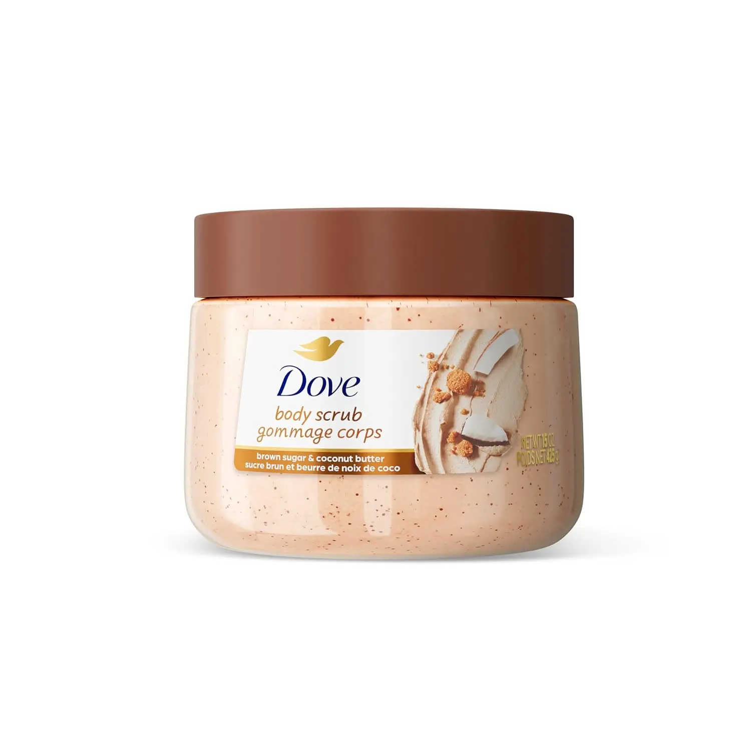 Dove Brown Sugar and Coconut Butter Body Scrub gently exfoliates and nourishes, revealing smooth, radiant skin.